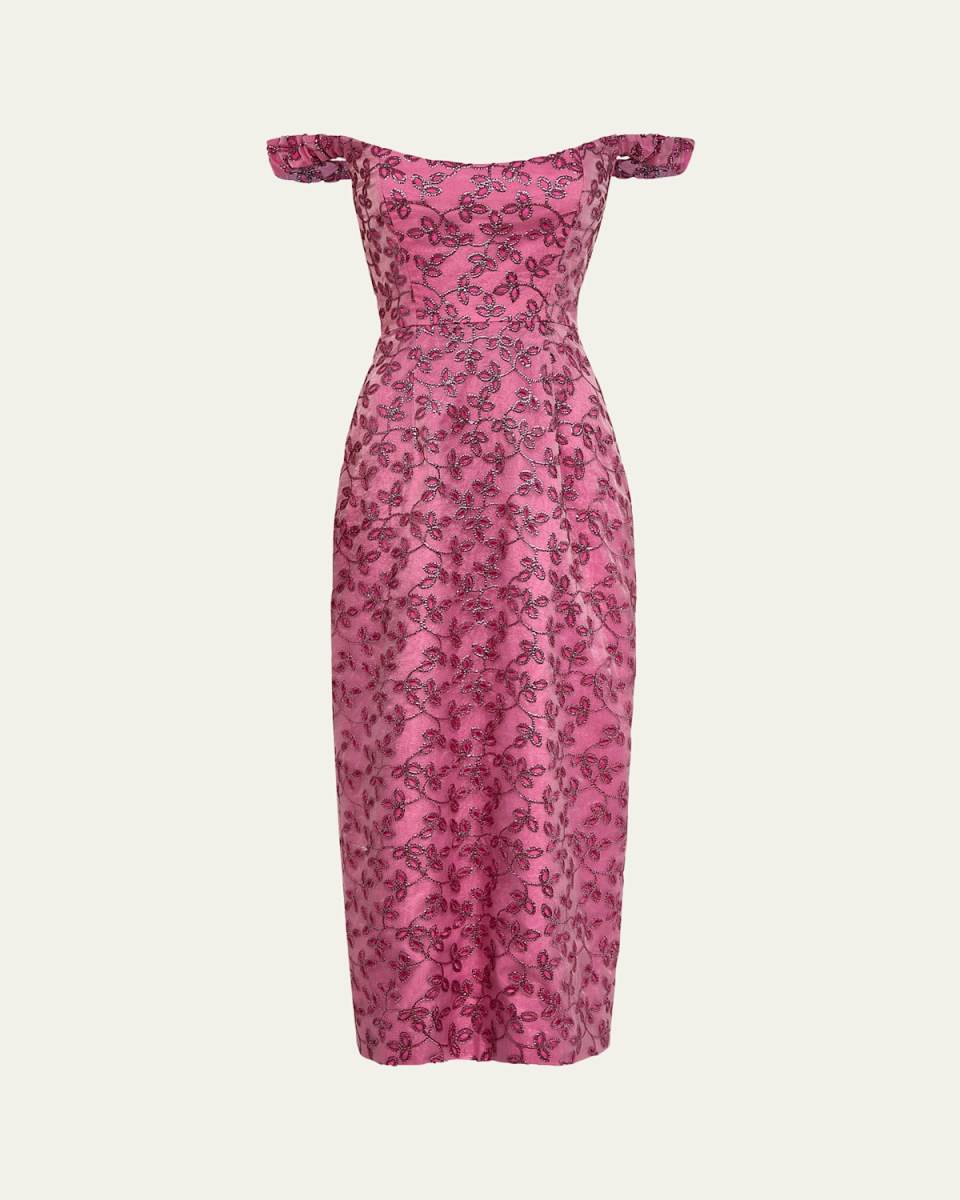 Amina Floral Sequined Off-Shoulder Midi Dress